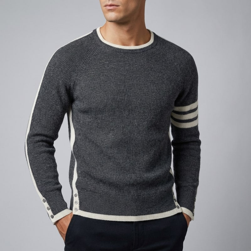 Damien Men’s Knit Sweater – Structured Knit Wool Pullover with Contrast Stripe Detail