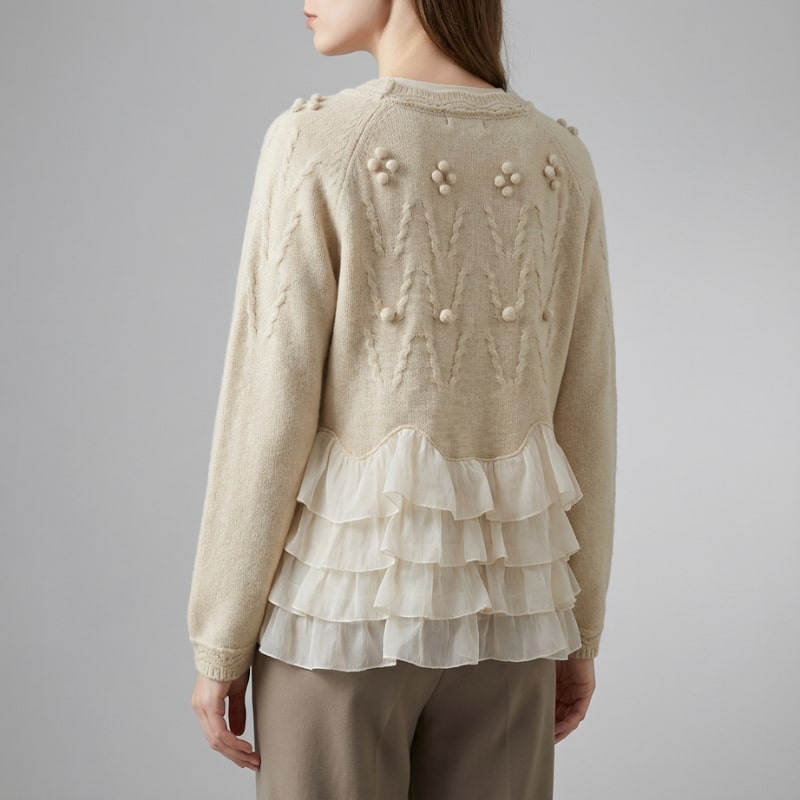 Alba Women’s Knit Cardigan – Ruffle Cable-Knit with Chiffon Layered Ruffles