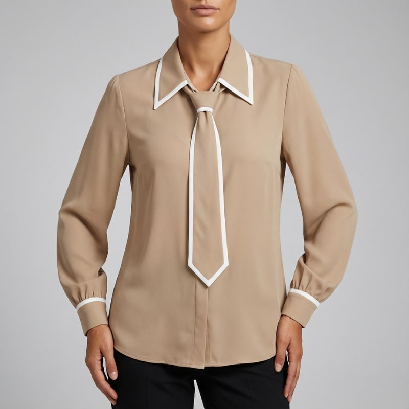 Thalia Women’s Blouse – Contrast Tie Cotton-Blend Button-Down Shirt with Structured Collar