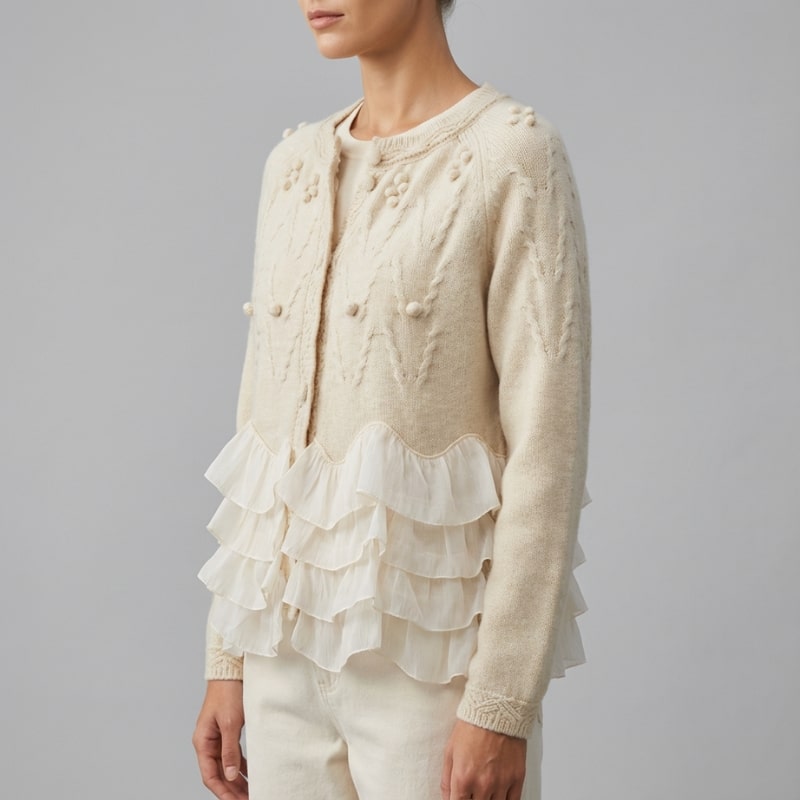 Alba Women’s Knit Cardigan – Ruffle Cable-Knit with Chiffon Layered Ruffles