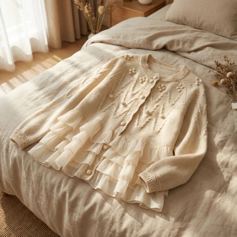 Alba Women’s Knit Cardigan – Ruffle Cable-Knit with Chiffon Layered Ruffles