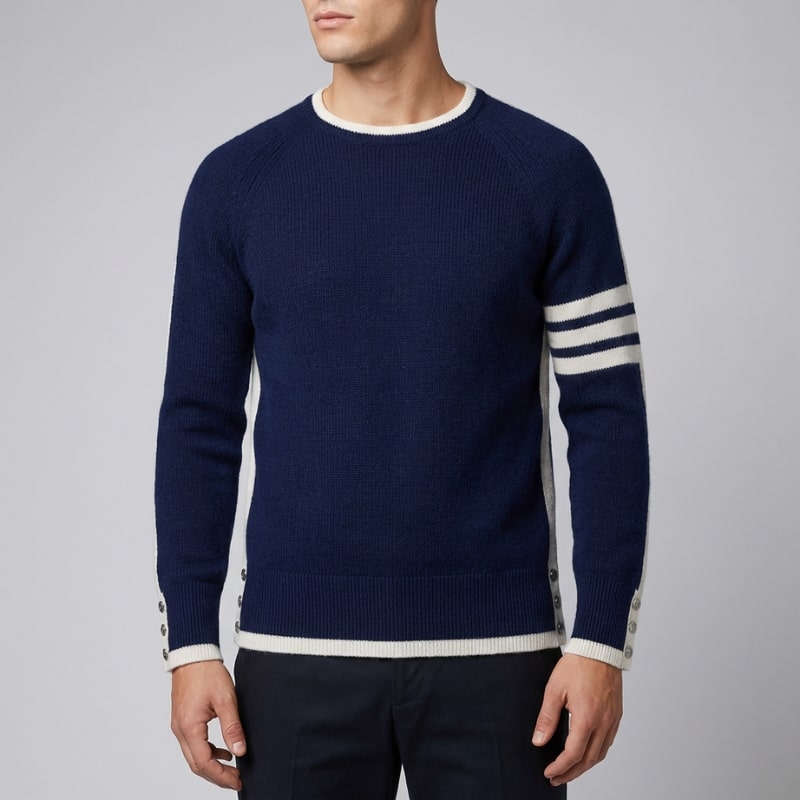 Damien Men’s Knit Sweater – Structured Knit Wool Pullover with Contrast Stripe Detail