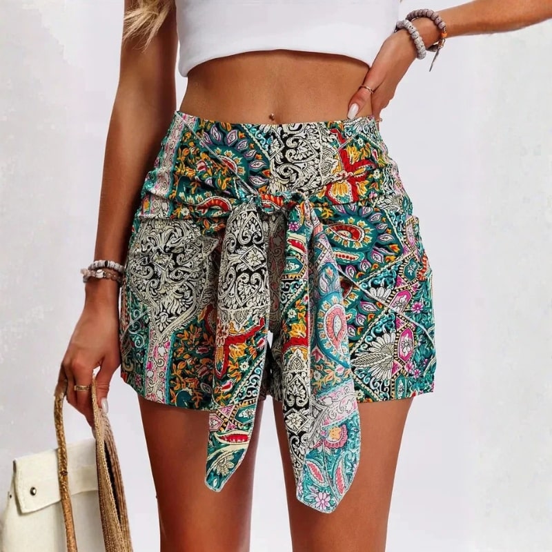 Selena Women’s Shorts –  Tie-Waist Cotton-Blend Boho Print with High-Rise Fit