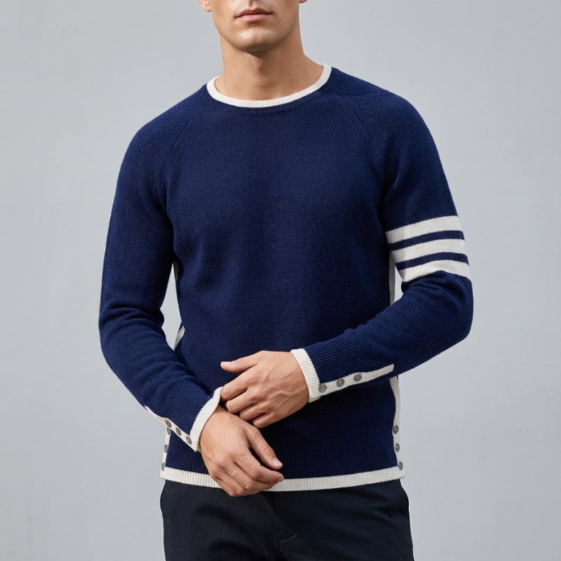 Damien Men’s Knit Sweater – Structured Knit Wool Pullover with Contrast Stripe Detail