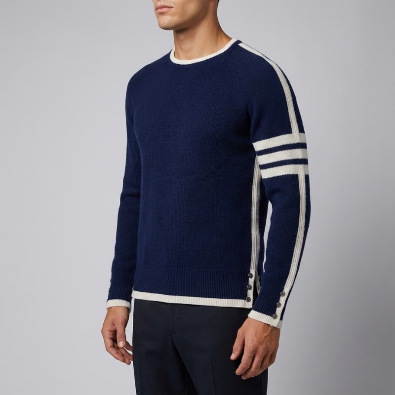 Damien Men’s Knit Sweater – Structured Knit Wool Pullover with Contrast Stripe Detail