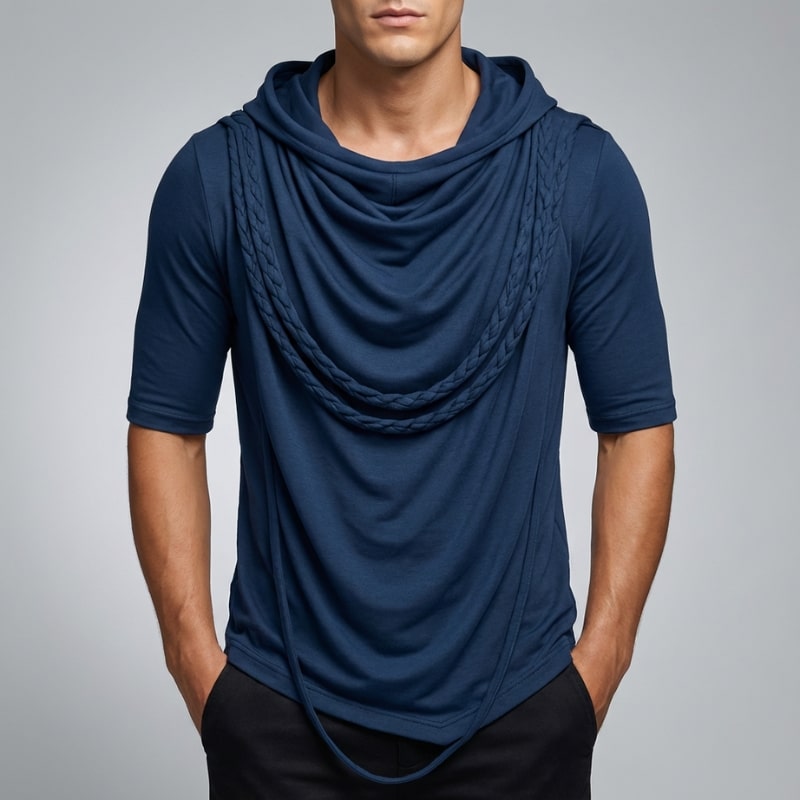 Stefan Men’s Hooded Shirt – Stretch-Knit Cotton with Asymmetrical Hem