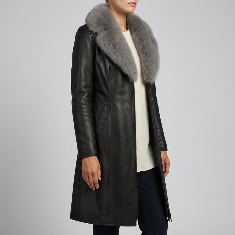 Adèle Women’s Leather Jacket – Fur Trim Collar & Belted Longline Coat