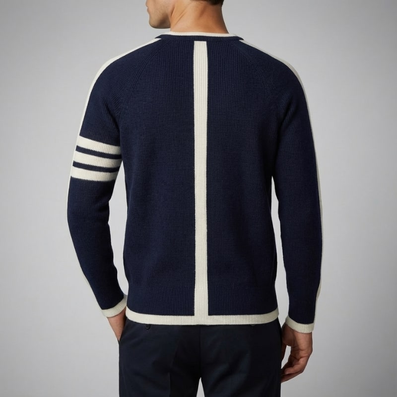 Damien Men’s Knit Sweater – Structured Knit Wool Pullover with Contrast Stripe Detail