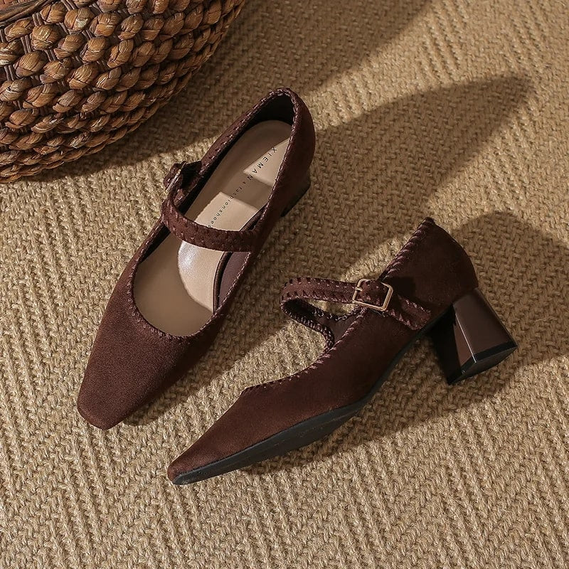 Fabiola Women’s Suede Block Heel Pumps – Pointed Toe with Adjustable Strap