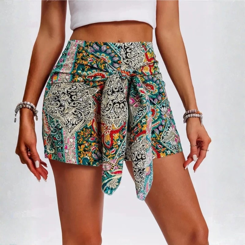 Selena Women’s Shorts –  Tie-Waist Cotton-Blend Boho Print with High-Rise Fit