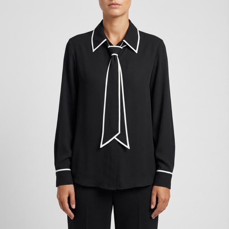 Thalia Women’s Blouse – Contrast Tie Cotton-Blend Button-Down Shirt with Structured Collar