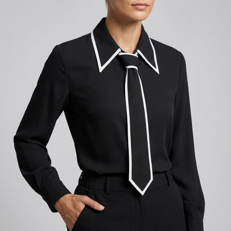 Thalia Women’s Blouse – Contrast Tie Cotton-Blend Button-Down Shirt with Structured Collar