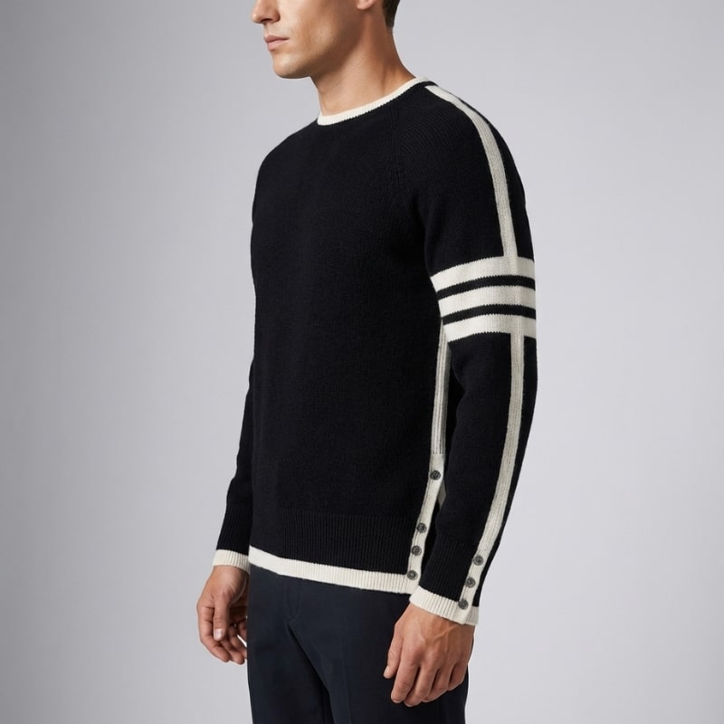 Damien Men’s Knit Sweater – Structured Knit Wool Pullover with Contrast Stripe Detail