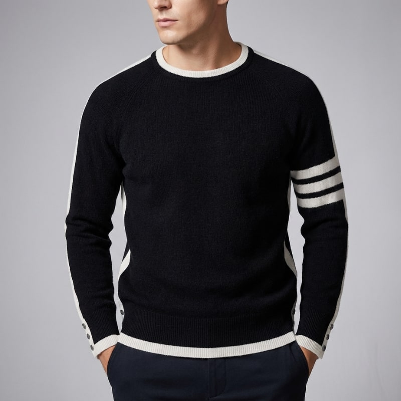 Damien Men’s Knit Sweater – Structured Knit Wool Pullover with Contrast Stripe Detail