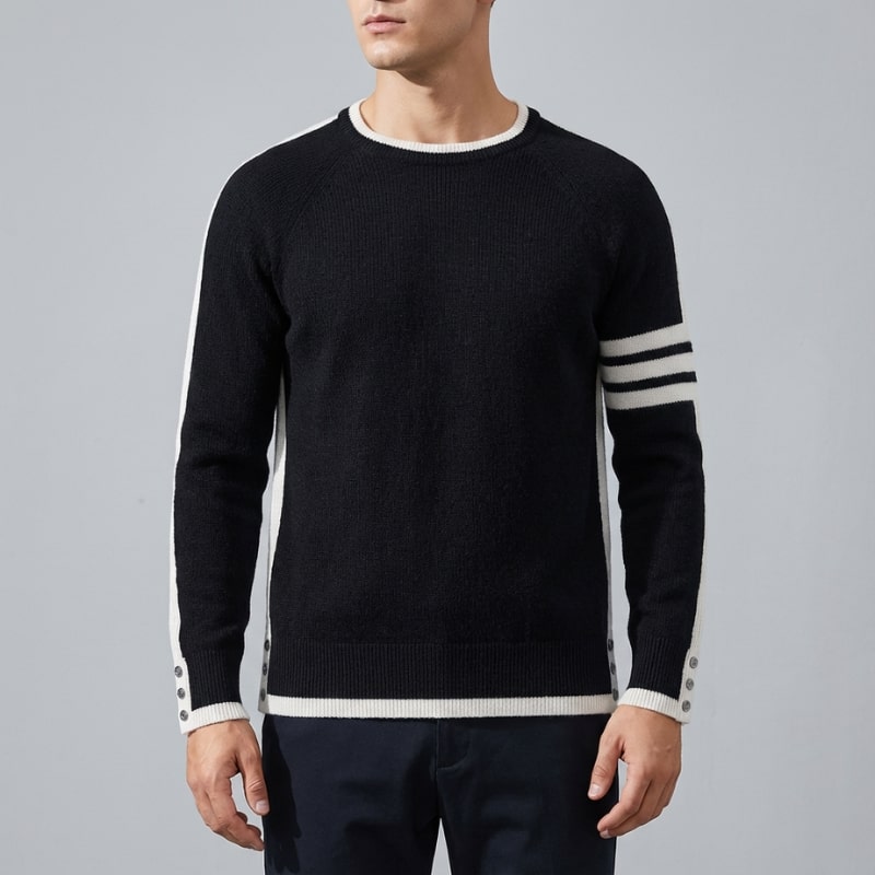 Damien Men’s Knit Sweater – Structured Knit Wool Pullover with Contrast Stripe Detail