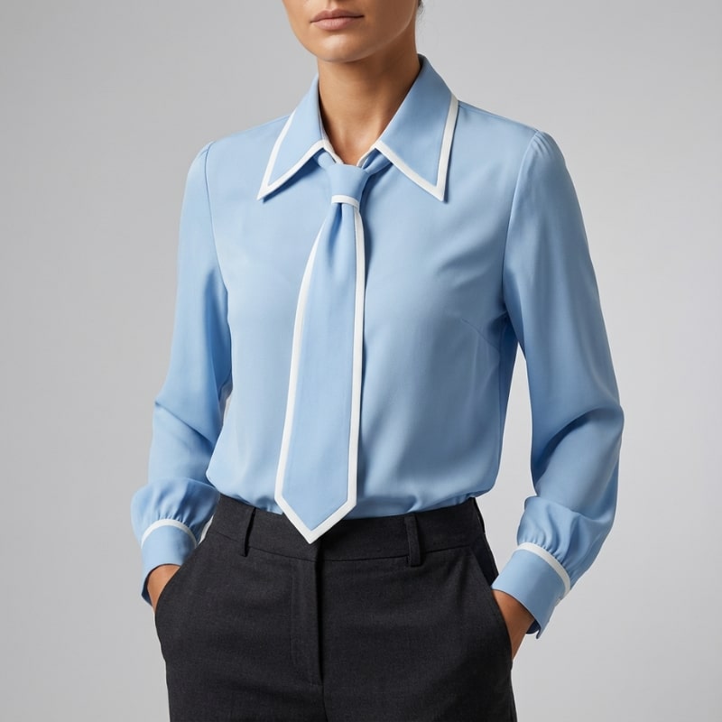 Thalia Women’s Blouse – Contrast Tie Cotton-Blend Button-Down Shirt with Structured Collar