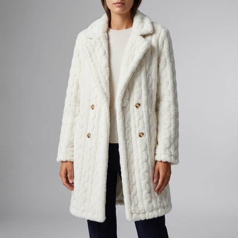 Sanne Women’s Plush Coat – Double-Breasted Mid-Length Faux Fur Winter Jacket