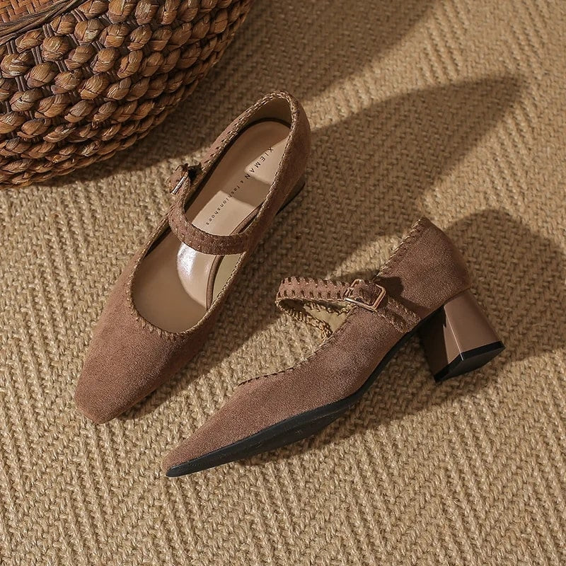 Fabiola Women’s Suede Block Heel Pumps – Pointed Toe with Adjustable Strap