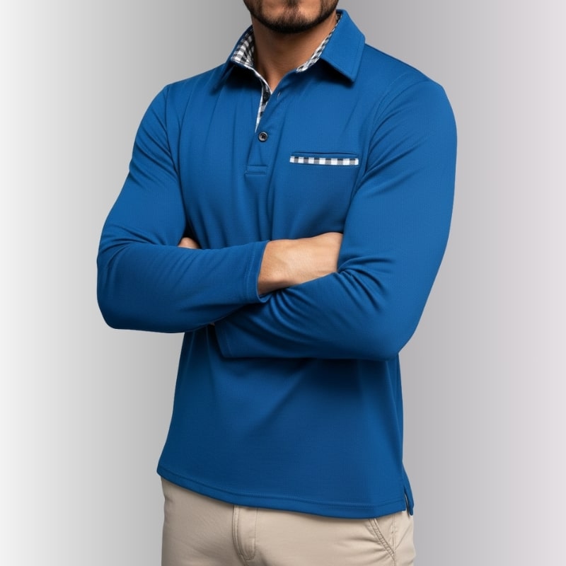 Kerem Men’s Long Sleeve Polo – Slim Fit Design with Checked Collar Accents