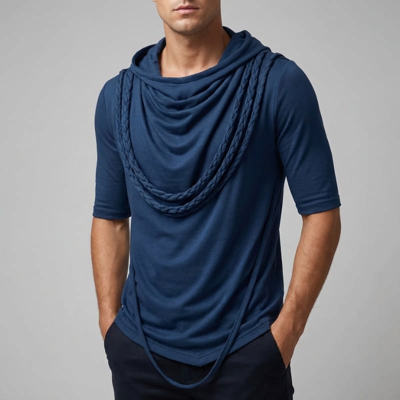 Stefan Men’s Hooded Shirt – Stretch-Knit Cotton with Asymmetrical Hem