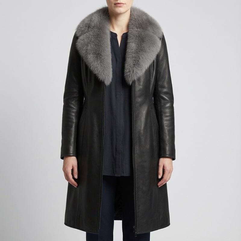 Adèle Women’s Leather Jacket – Fur Trim Collar & Belted Longline Coat