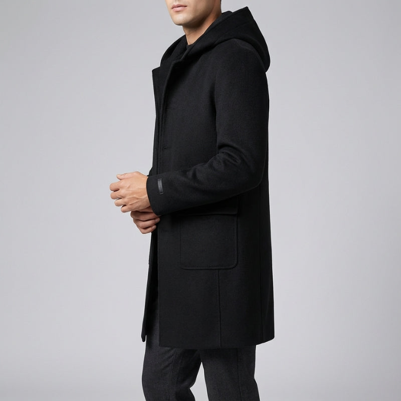 Brayan Men’s Hooded Wool Overcoat – Structured Knee-Length Design with Detachable Lining