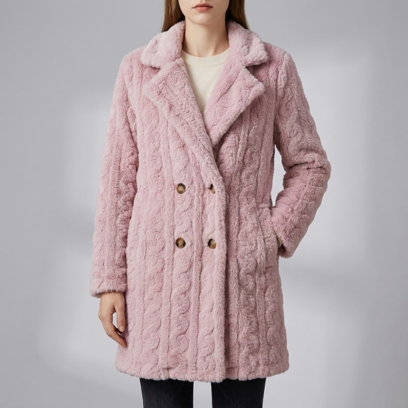 Sanne Women’s Plush Coat – Double-Breasted Mid-Length Faux Fur Winter Jacket