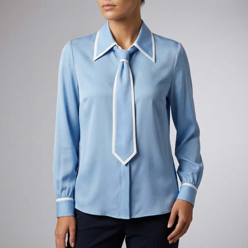 Thalia Women’s Blouse – Contrast Tie Cotton-Blend Button-Down Shirt with Structured Collar
