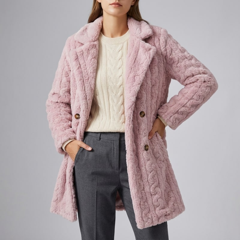 Sanne Women’s Plush Coat – Double-Breasted Mid-Length Faux Fur Winter Jacket