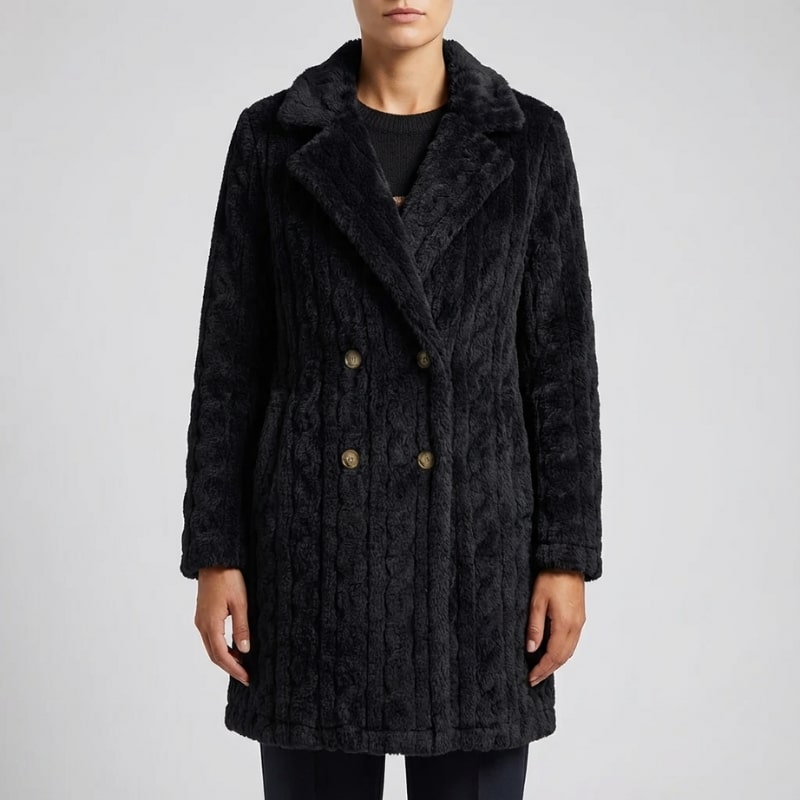 Sanne Women’s Plush Coat – Double-Breasted Mid-Length Faux Fur Winter Jacket