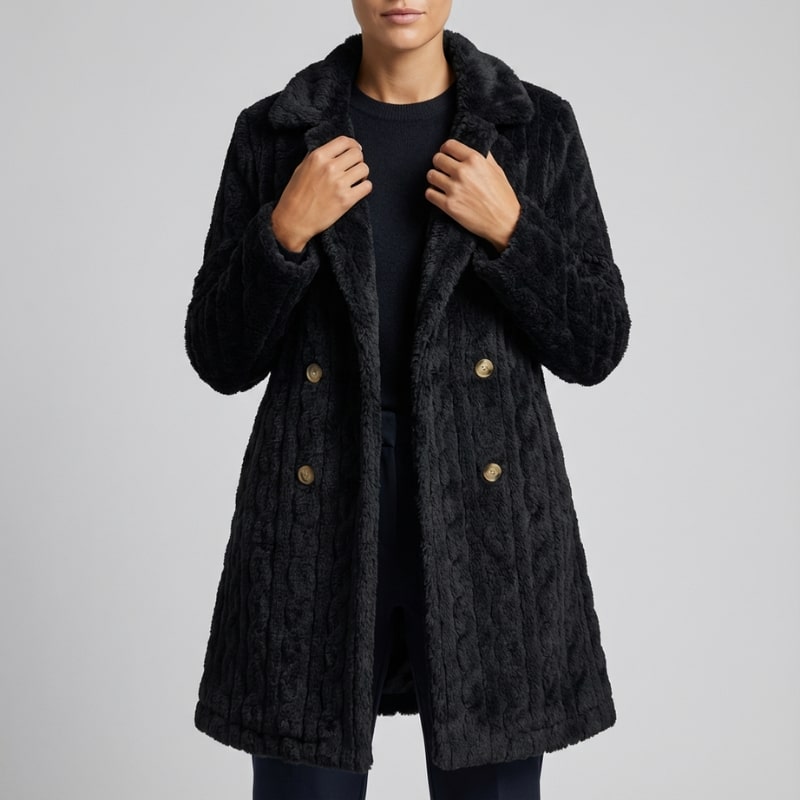 Sanne Women’s Plush Coat – Double-Breasted Mid-Length Faux Fur Winter Jacket