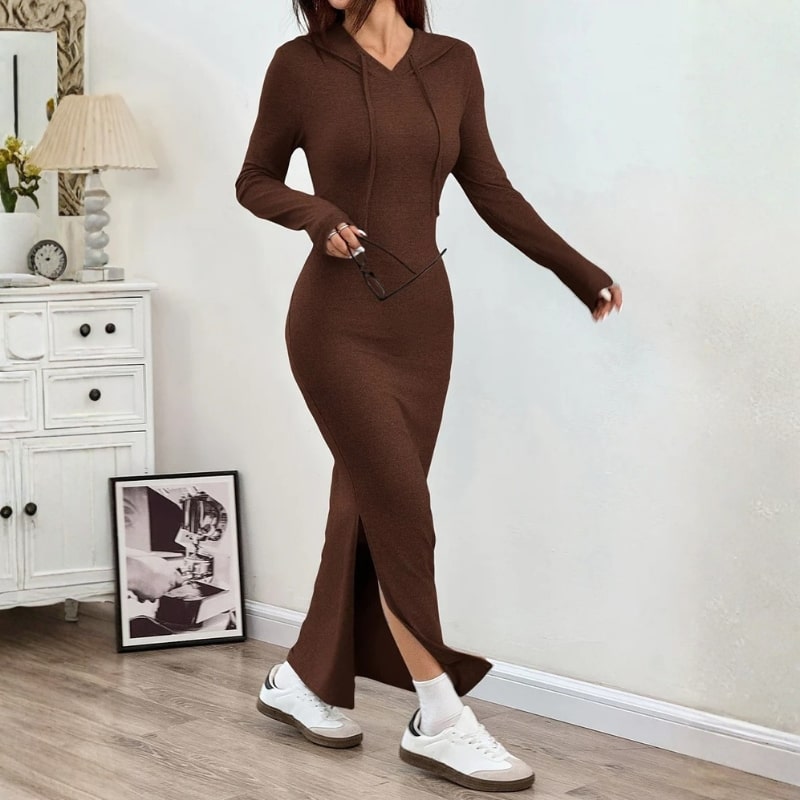 Sasha Women’s Bodycon Dress – Hooded Stretch Maxi with Side Slit