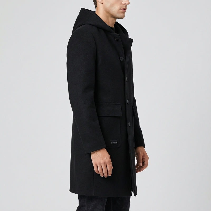 Brayan Men’s Hooded Wool Overcoat – Structured Knee-Length Design with Detachable Lining