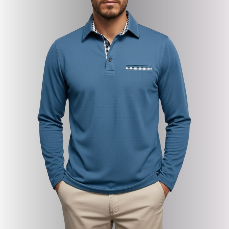 Kerem Men’s Long Sleeve Polo – Slim Fit Design with Checked Collar Accents