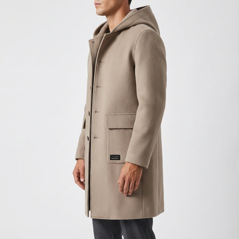Brayan Men’s Hooded Wool Overcoat – Structured Knee-Length Design with Detachable Lining