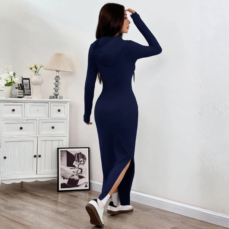 Sasha Women’s Bodycon Dress – Hooded Stretch Maxi with Side Slit