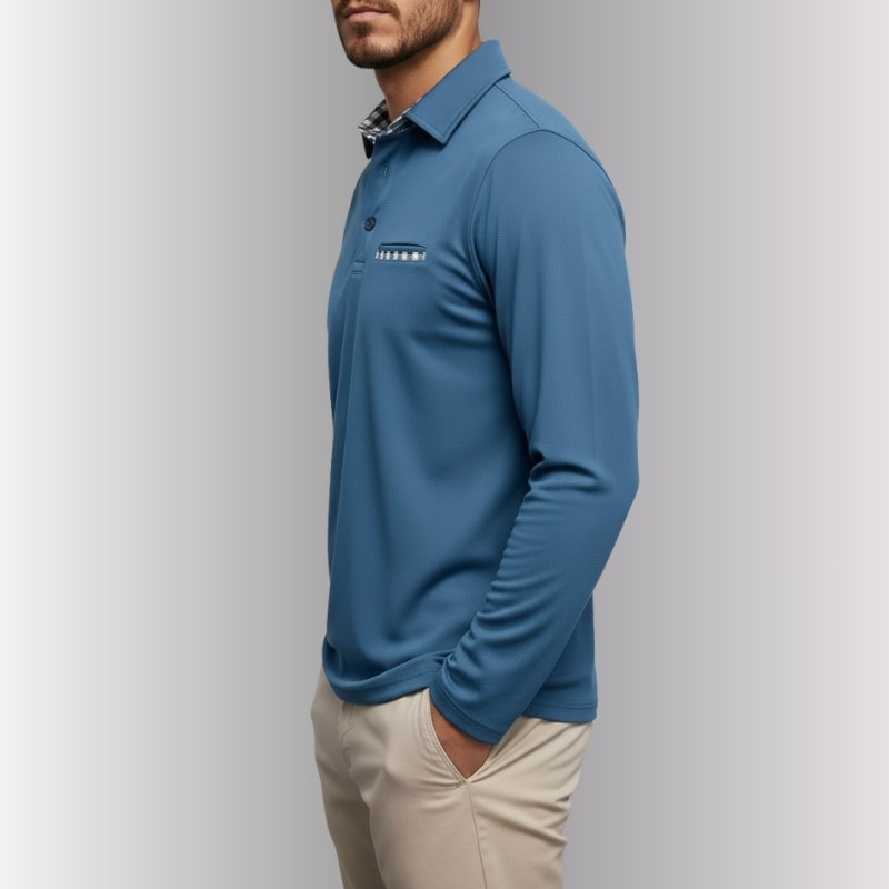 Kerem Men’s Long Sleeve Polo – Slim Fit Design with Checked Collar Accents