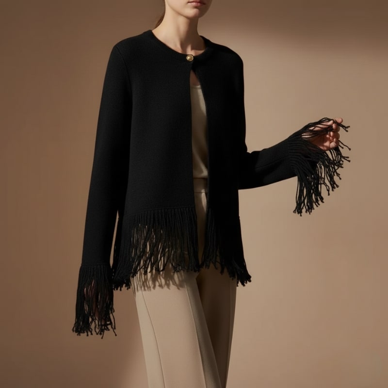 Colette Women’s Cardigan – Structured Knit Cardigan with Fringe Style Silhouette