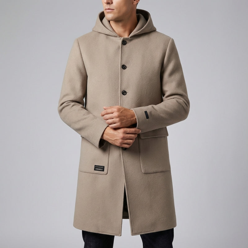 Brayan Men’s Hooded Wool Overcoat – Structured Knee-Length Design with Detachable Lining