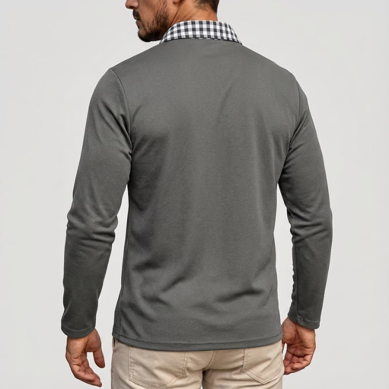Kerem Men’s Long Sleeve Polo – Slim Fit Design with Checked Collar Accents