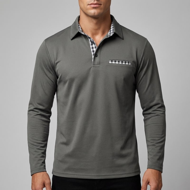 Kerem Men’s Long Sleeve Polo – Slim Fit Design with Checked Collar Accents