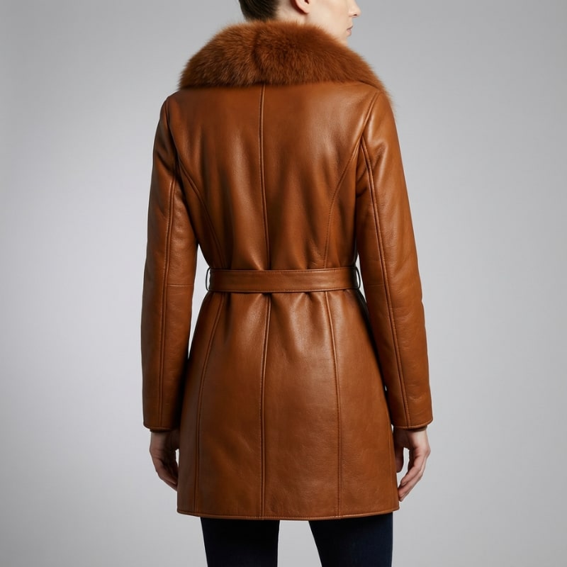 Adèle Women’s Leather Jacket – Fur Trim Collar & Belted Longline Coat
