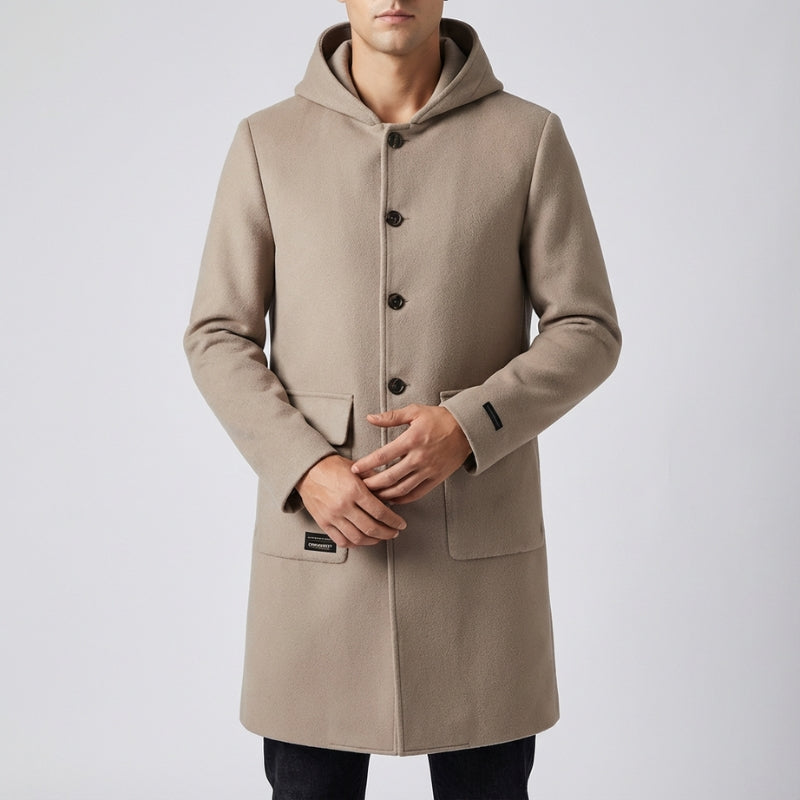 Brayan Men’s Hooded Wool Overcoat – Structured Knee-Length Design with Detachable Lining