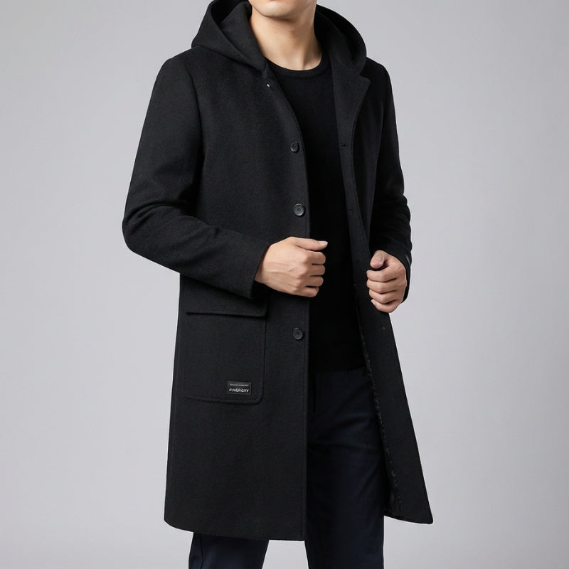 Brayan Men’s Hooded Wool Overcoat – Structured Knee-Length Design with Detachable Lining