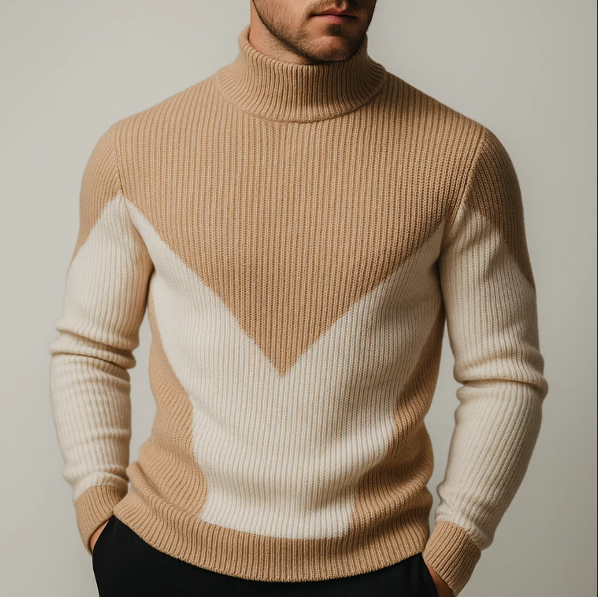 Angelo Men's Chevron Turtleneck Sweater – Thick Ribbed Knit for Fall Layering