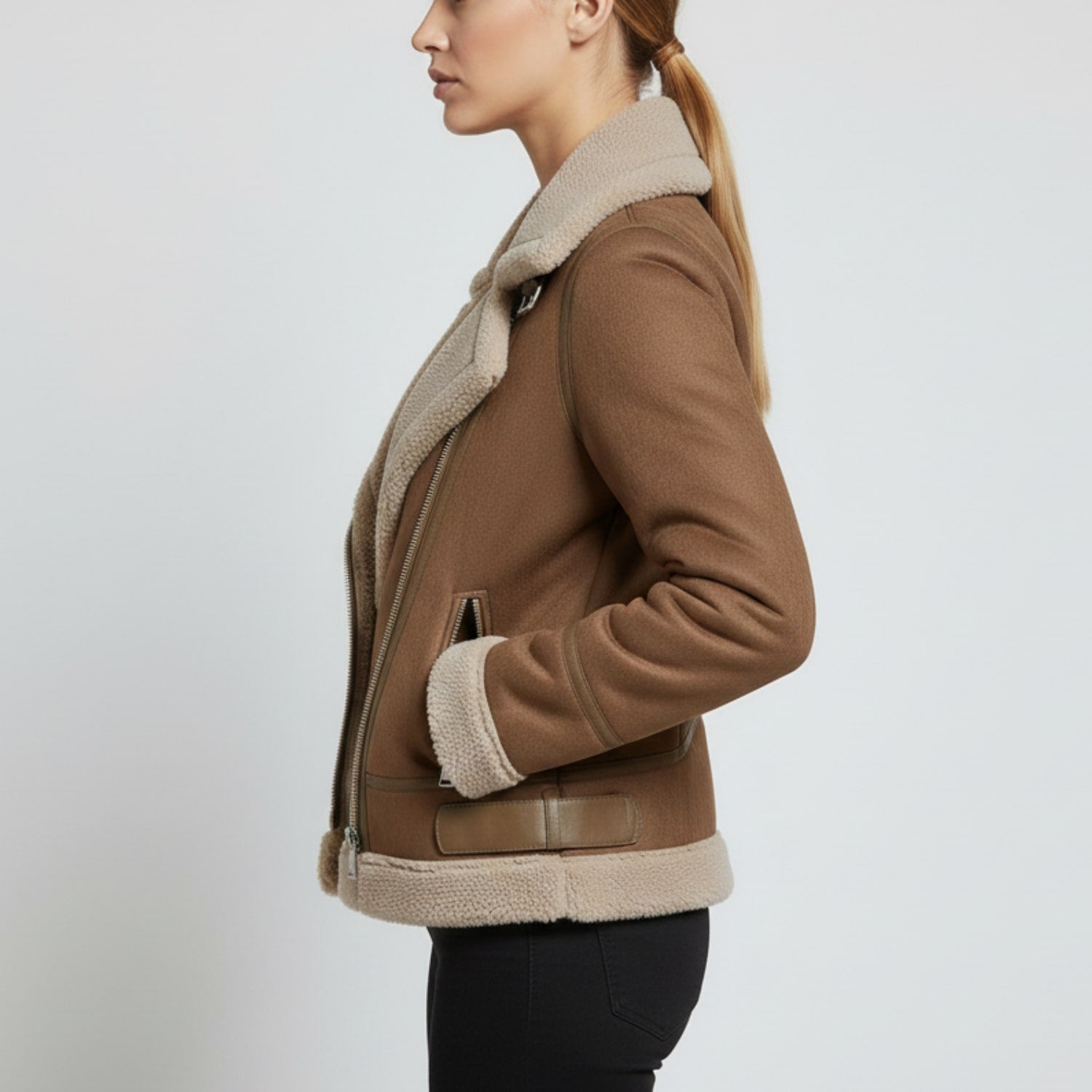 Polina Women’s Shearling Jacket – Aviator Suede Jacket with Plush Lining