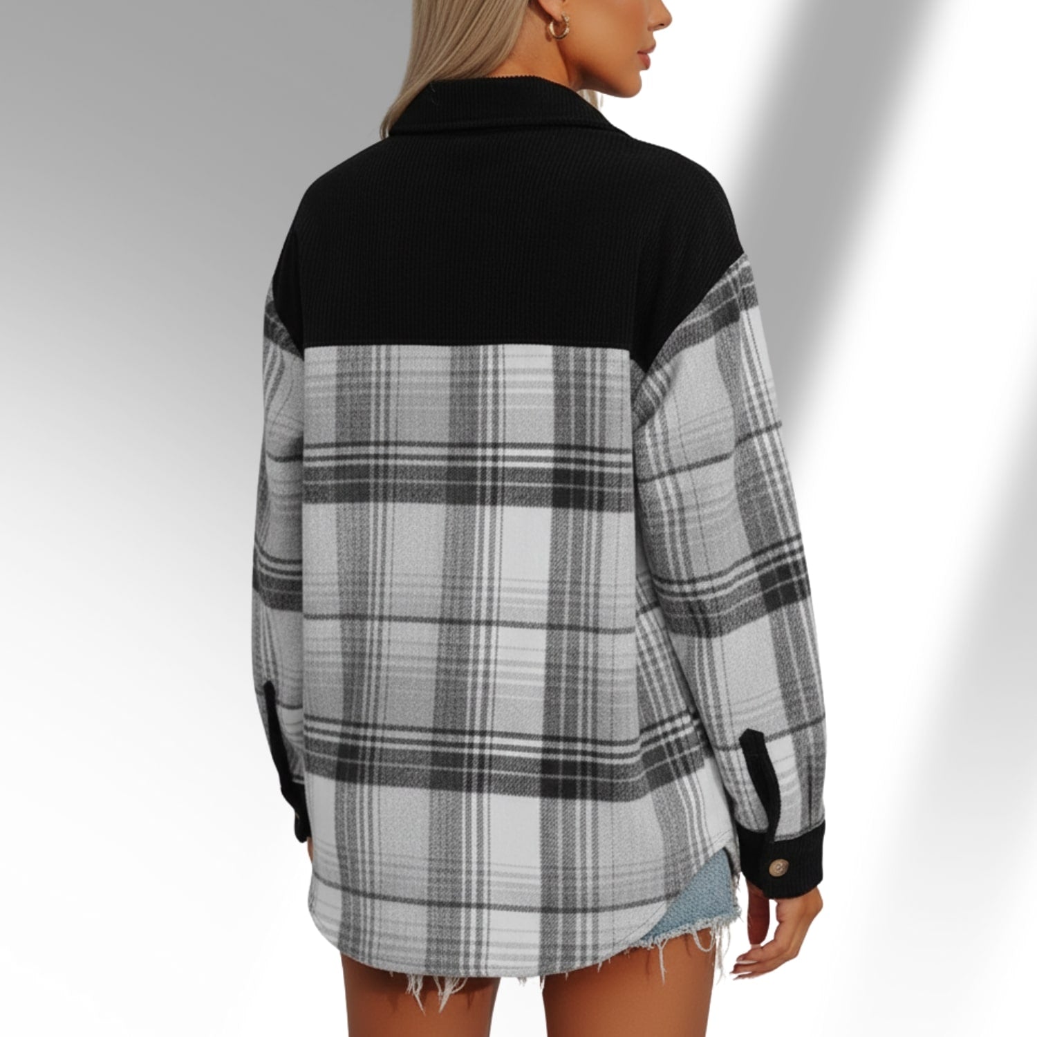 Hana Women’s Plaid Shacket – Brushed Fabric Overshirt with Corduroy Collar