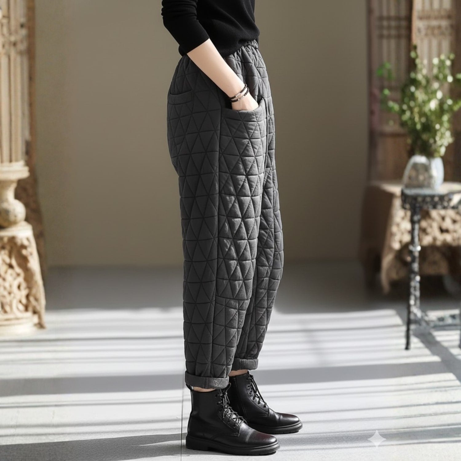 Sara Women’s Quilted Jogger Pants – Diamond Padded Thermal Cotton Pants