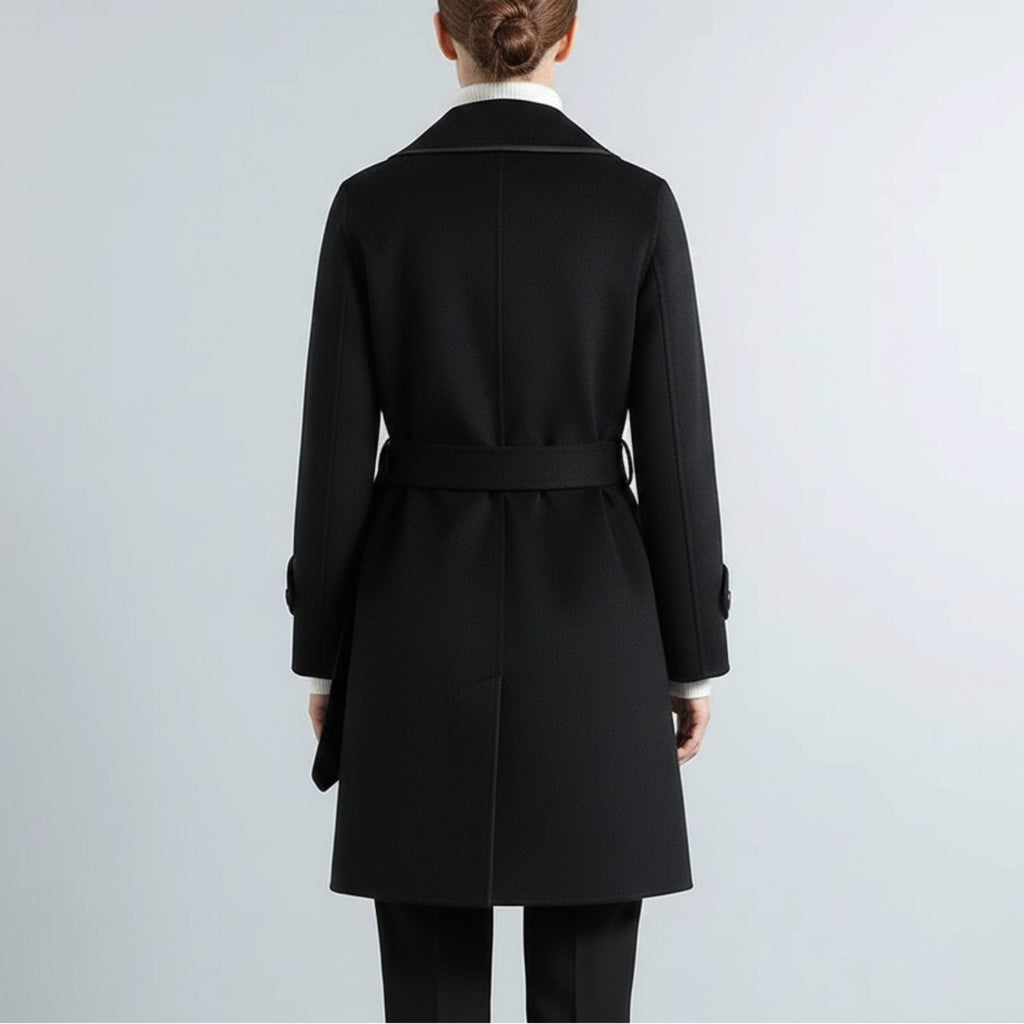 Adriana Women’s Wool Coat – Belted Coat with Contrast Trim & Warm Interior