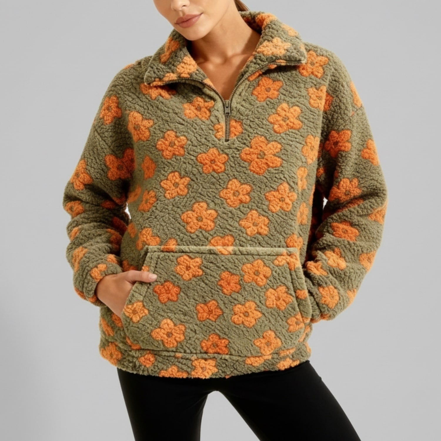 Dahlia Women's Fleece Pullover – Floral Soft Half-Zip Oversized Winter Pullover